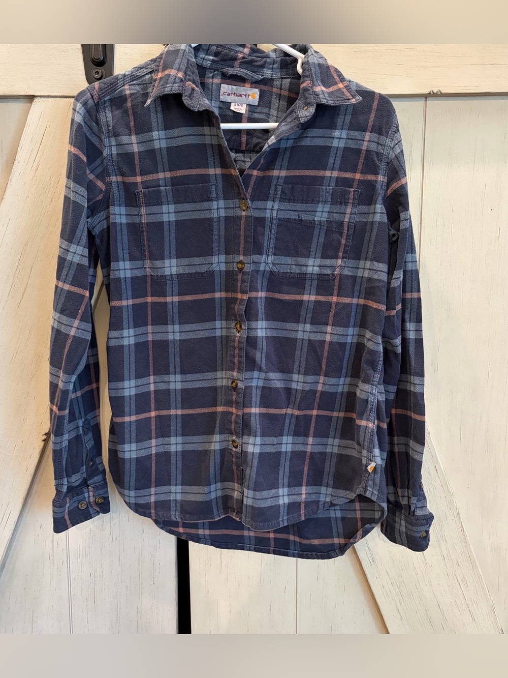 Carhartt Navy and Light Blue Plaid Button-Down Shirt Size Small (4-6)
